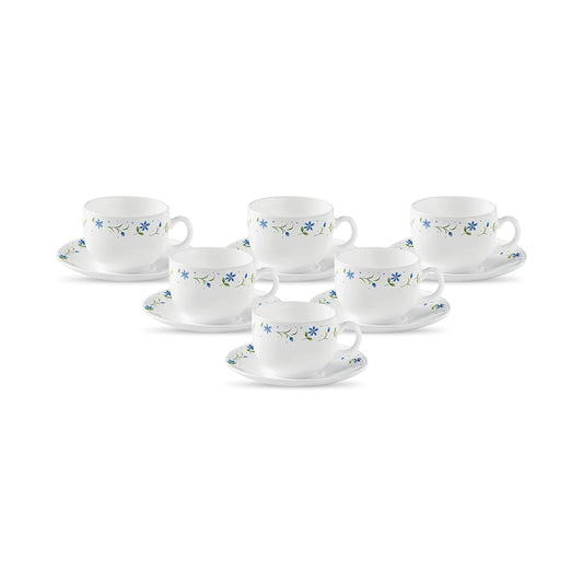 La Opala Diva, Opal Glass Crockery | Cup & Saucer Iris Regular, Set of 12 | Twilight Bouquet, 160 ml | for Tea & Coffee | Microwave Safe | 100% Vegetarian | Extra Strong | Super Light | Super White