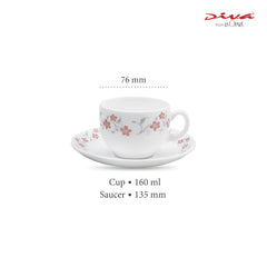 La Opala Diva, Opal Glass Crockery | Cup & Saucer Iris Regular, Set of 12 | Grace Red, 160 ml | for Tea & Coffee | Microwave Safe | 100% Vegetarian | Extra Strong | Super Light | Super White