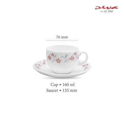 La Opala Diva, Opal Glass Crockery | Cup & Saucer Iris Regular, Set of 12 | Grace Red, 160 ml | for Tea & Coffee | Microwave Safe | 100% Vegetarian | Extra Strong | Super Light | Super White
