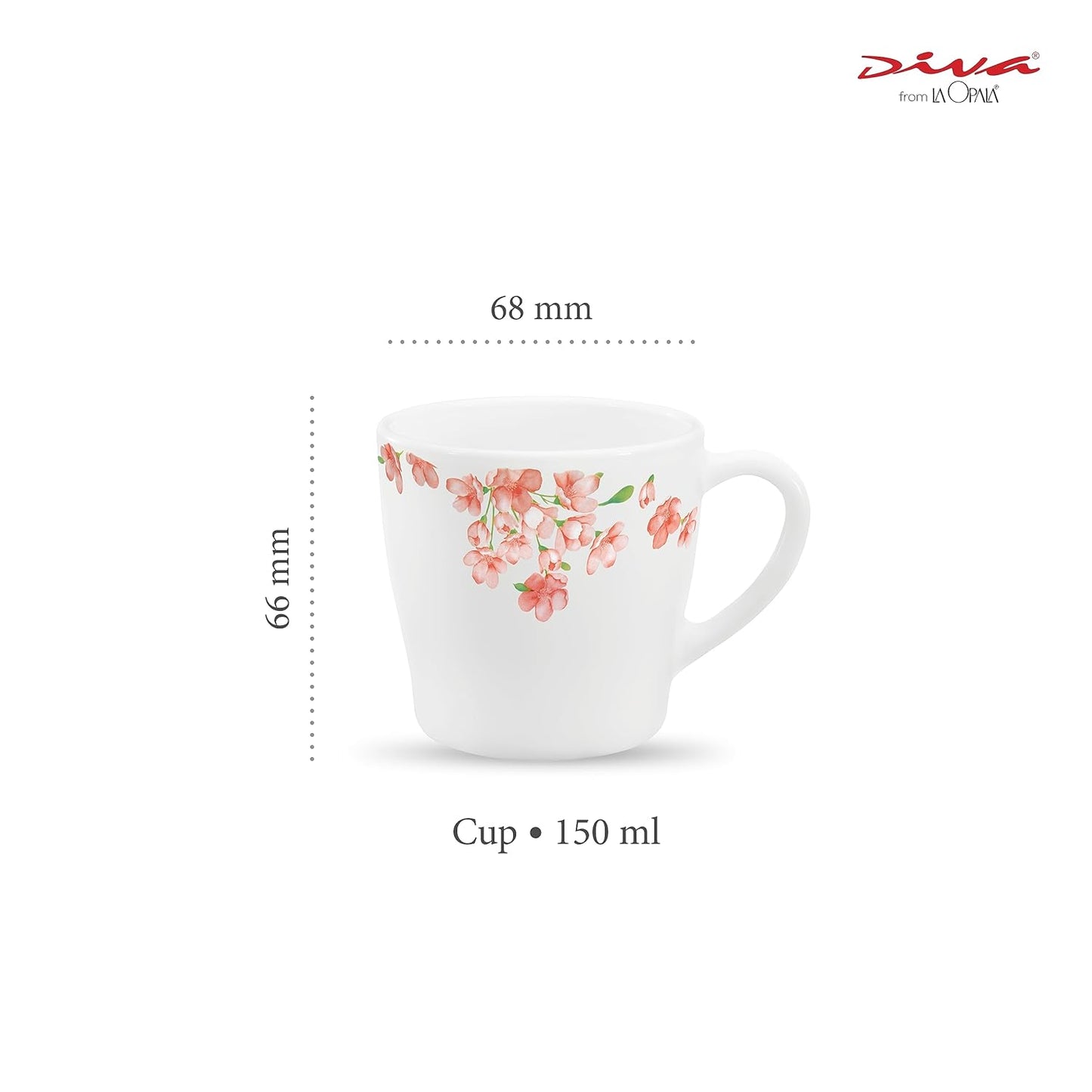 La Opala Diva, Opal Glass Crockery | Cup Gloria, Set of 6 | Aster Pink, 160 ml | for Tea & Coffee | Microwave Safe | 100% Vegetarian | Toughened Extra Strong | Super Light | Super White