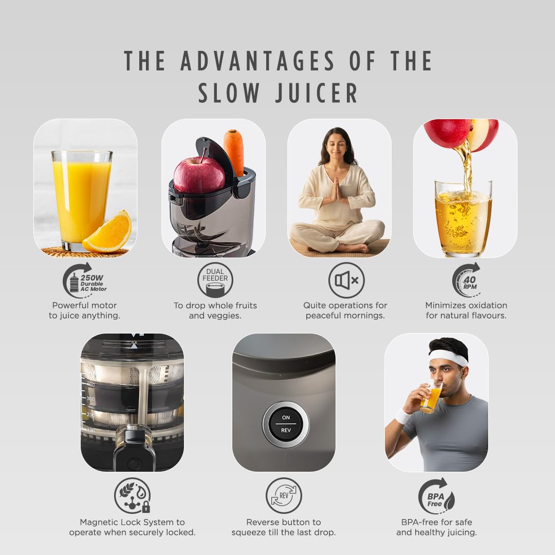 Sujata Cold Pressed Slow Juicer SJ01 | Ideal for Fruit, Vegetable Juices, Nut Milks, Smoothies & Frozen Desserts | Dual Feeding Chute | Reverse Function | Magnetic Safety Lock