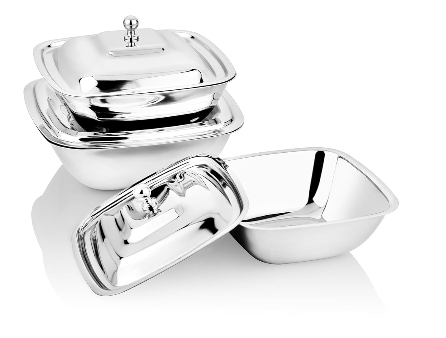 Dynore Stainless Steel Square Shape Serving Bowls with SS Lid 380, 550 and 750 ml- Set of 3 Pcs