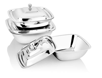 Dynore Stainless Steel Square Shape Serving Bowls with SS Lid 380, 550 and 750 ml- Set of 3 Pcs