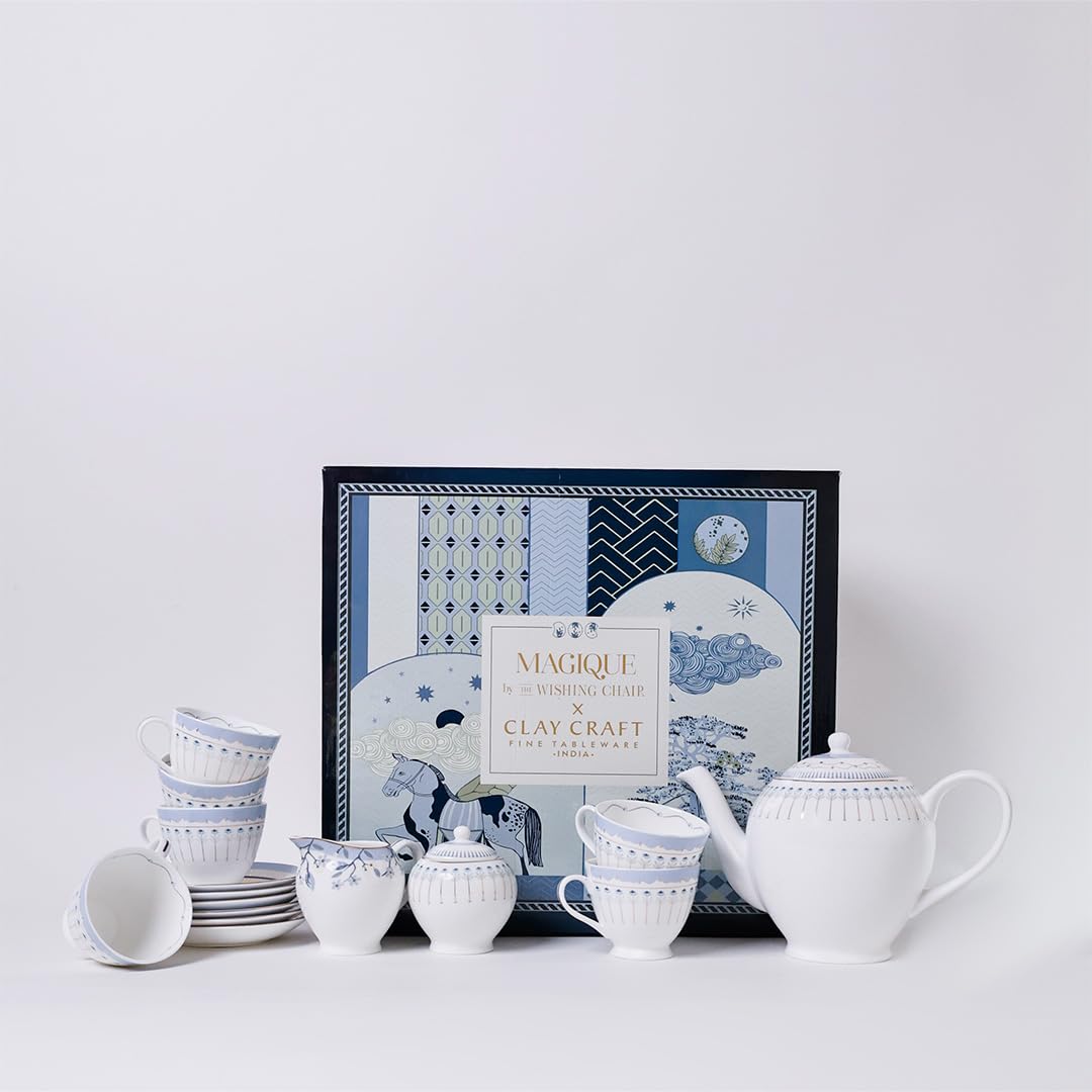 Magique by The Wishing Chair x ClayCraft : River of Flowers Ceramic Teaset 15-Piece | Teapot, Cups & Saucers, Sugar & Milk Pot | Elegant Floral Tea Set for Home High Tea Gifting Weddings Parties