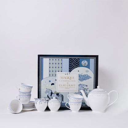 Magique by The Wishing Chair x ClayCraft : River of Flowers Ceramic Teaset 15-Piece | Teapot, Cups & Saucers, Sugar & Milk Pot | Elegant Floral Tea Set for Home High Tea Gifting Weddings Parties