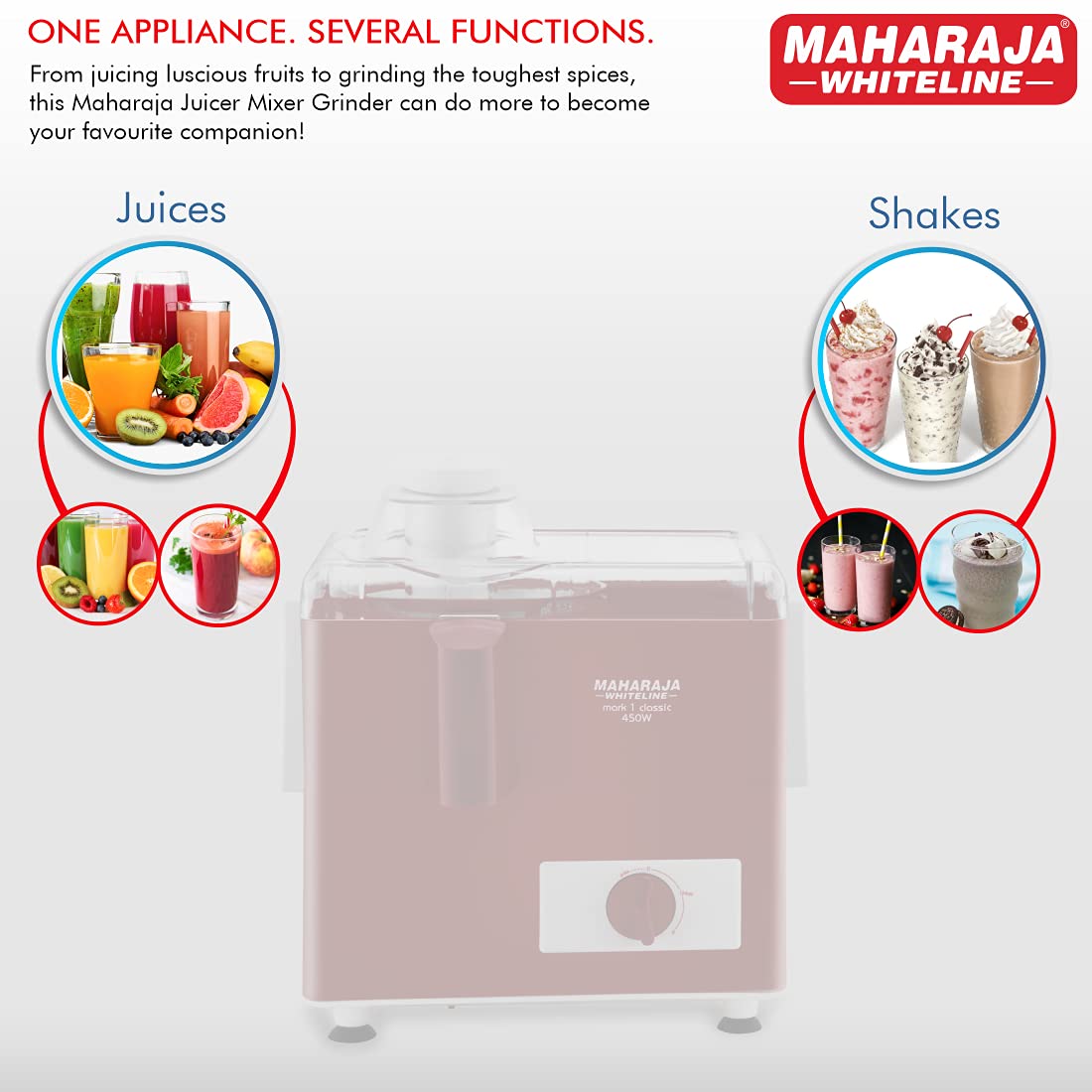 Maharaja Whiteline Mark 1 Classic Juice Extractor, 450 Watt, Cherry Red & White, Superior Stainless Steel Mesh And Juice Cutter, Medium (Mark-1 Classic/Je-106), 450 Watt