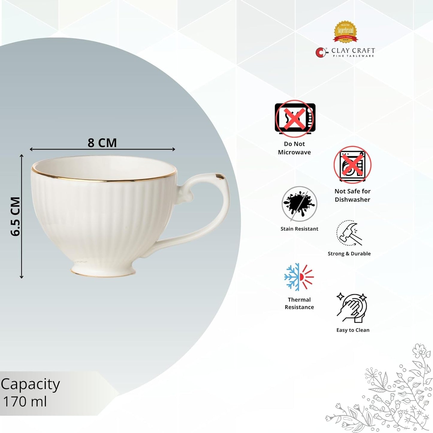Clay Craft Fine Ceramic Julie Impression Cup & Saucer Set Of 12 (6 Cups+6 Saucers)- 170 Ml Each- Elegant Design For Home And Kitchen And Can Be Gifted To Your Loved Ones On Any Occassions (White-1401)