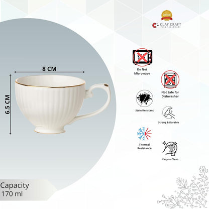 Clay Craft Fine Ceramic Julie Impression Cup & Saucer Set Of 12 (6 Cups+6 Saucers)- 170 Ml Each- Elegant Design For Home And Kitchen And Can Be Gifted To Your Loved Ones On Any Occassions (White-1401)