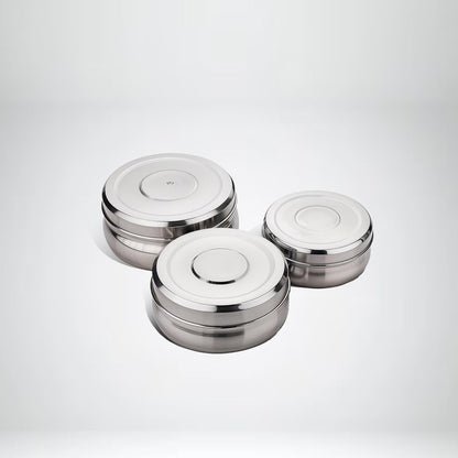 Greensify Stainless Steel Container Set– 4Piece Kitchen Dabba Set with Lids (200ml,450ml,650ml, 950ml)Flat Base Poori Dabba Set for Storage|Food Grade Steel Boxes for Kitchen,DryFruits & Everyday Use