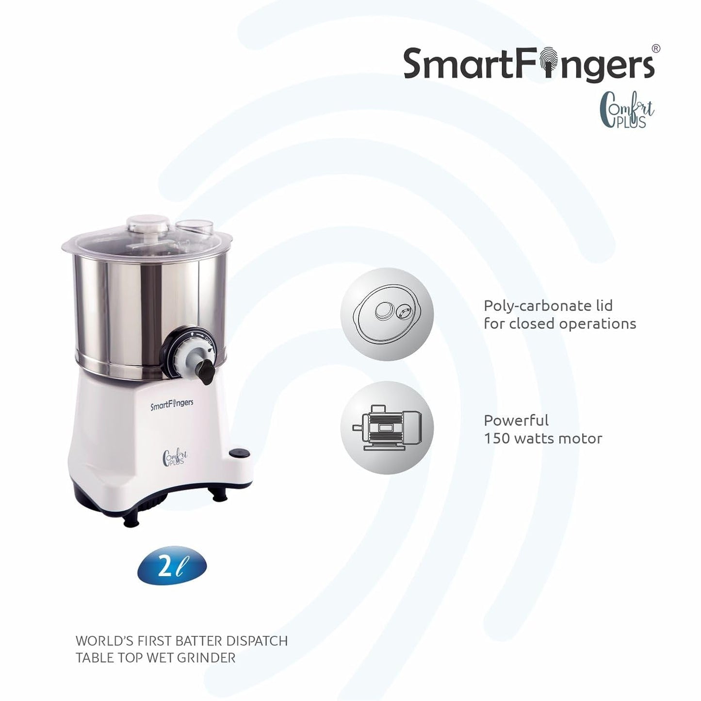SmartFingers Comfort Plus Table Top Magic Wet Grinder 230V 50hz, 2 Liter, White, 2 Stone