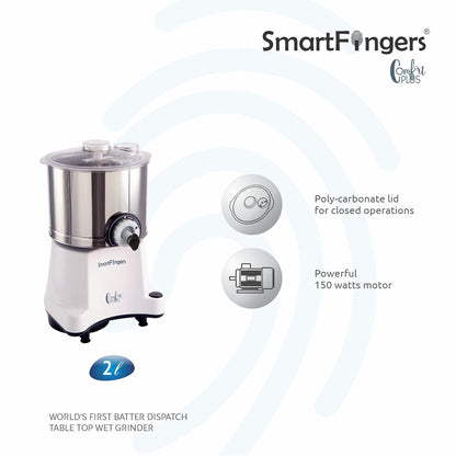 SmartFingers Comfort Plus Table Top Magic Wet Grinder 230V 50hz, 2 Liter, White, 2 Stone