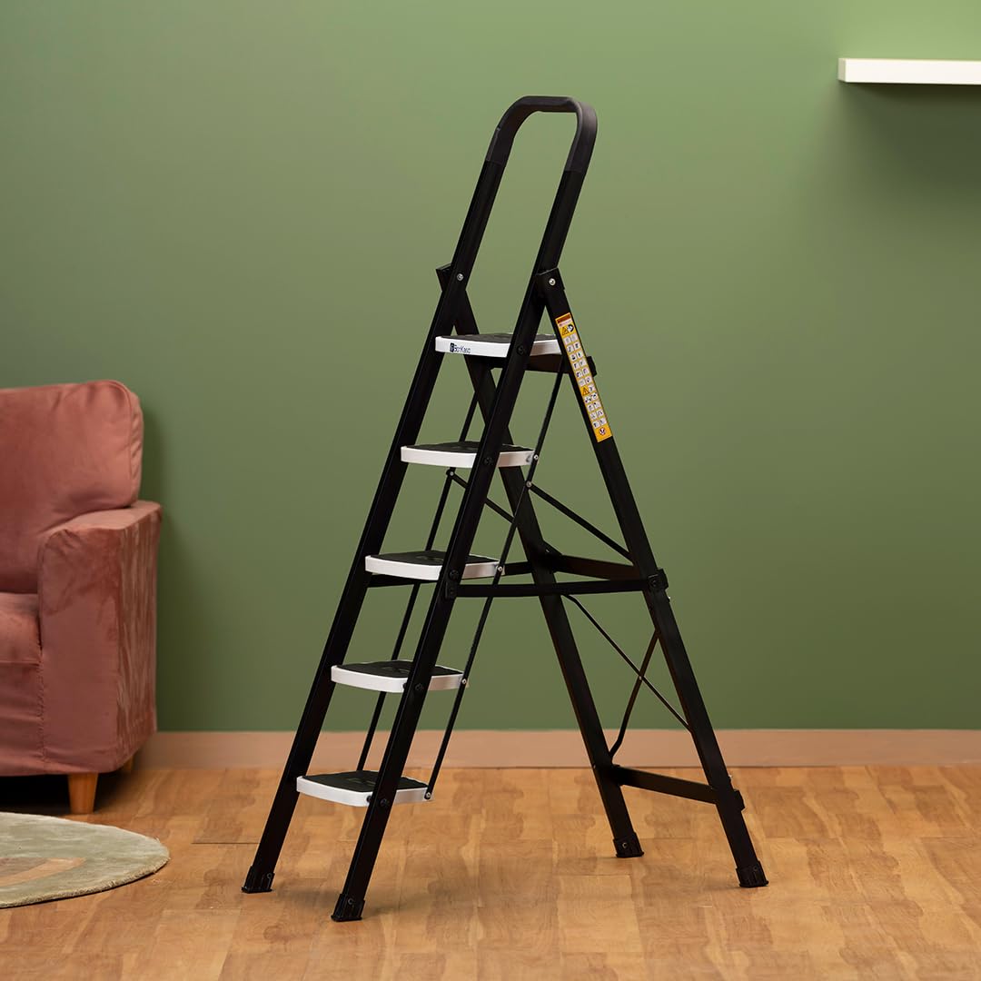 BonKaso Climb Steady Premium Alloy Steel Heavy Duty Multipurpose Foldable 7 Step Ladder with Connecting Frame & Belt Support, Load Capacity Upto 120kg | for Home and Outdoor - (Orange)