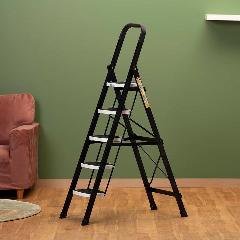 BonKaso Climb Lite Pro+ 6 Step - Foldable Ladder with Tool Tray (125W x 185H Cm)| Heavy-Duty, Anti-Slip & Firm Grip, Load Capacity Upto 120kg | Durable & Portable (Aluminium Steps, Yellow & Satin)