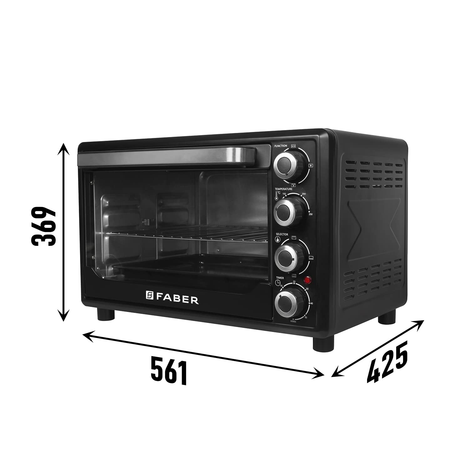 Faber 45L 2000W OTG | Bake, Toast, Roast, Grill | 4 Heating Functions, Upper & Lower Heating, Rottisserie, 360° Convection| Indicator Light, Auto Shut-Off, Ready Bell | Removable Crumb Tray | (Black)