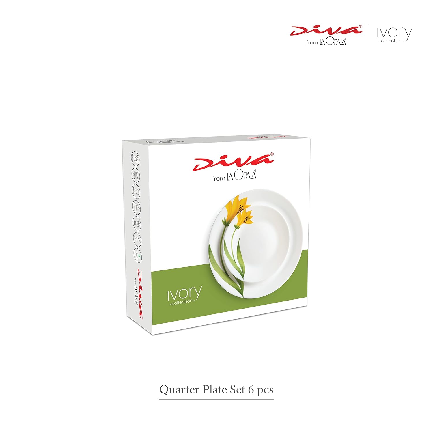 La Opala Diva Ivory Collection Opal Glass Crockery | Quarter Plate Set of 6 | Grace Red Design | Side Plate for Snacking & Gifting | Microwave Safe | 100% Vegetarian | Extra Strong | Light & White