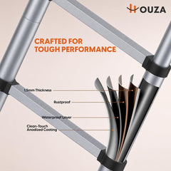 HOUZA 3.9m (13 ft) Steel Telescopic Ladder | 10-Step Foldable Extension Ladder | Portable & Collapsible Ladder for Home, Industrial & Outdoor Use | EN131 Certified | 1 Year Warranty(Silver & Black)