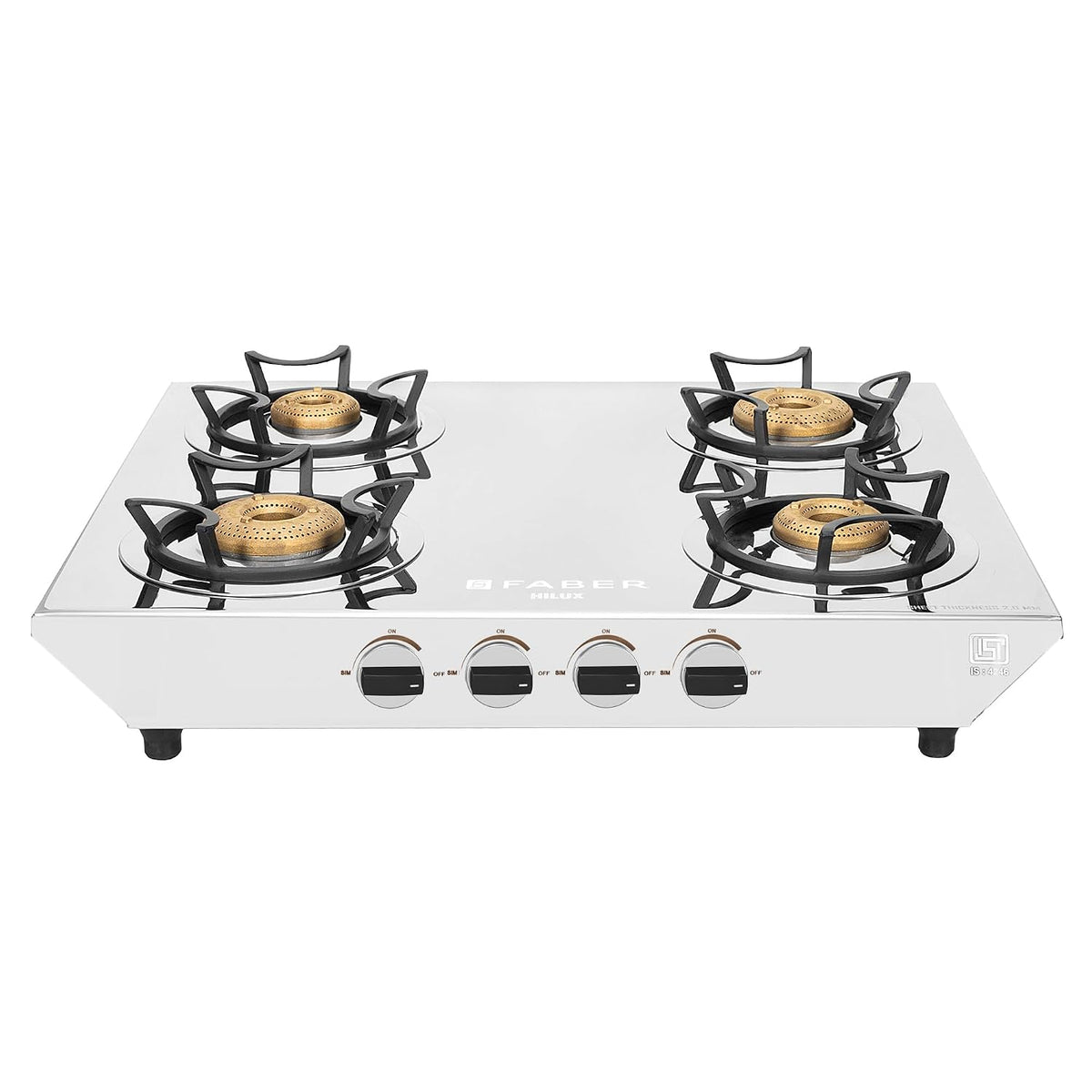 Faber high efficiency 4 Brass Burner with stainless steel top, ISI Certified gas stove, Manual Ignition,For LPG use only
