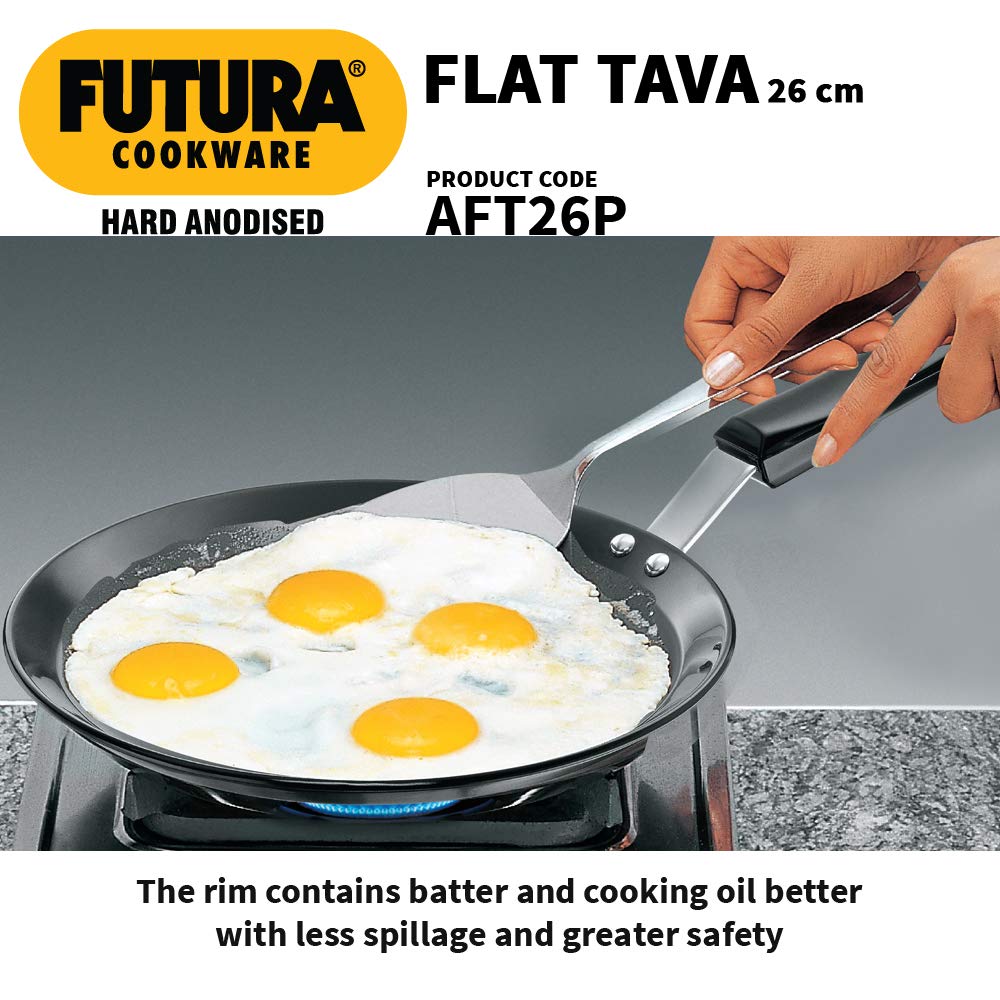 Hawkins Futura Hard Anodised Flat Tava 26 cm, 4.88 mm with Plastic Handle