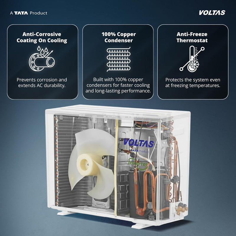 Voltas 2 ton 3 Star,New star rated, Inverter Split AC (Copper, Convertible 5-in-1 Cooling Mode, 2-Way Air Swing, Anti-dust Filter with Anti Microbial Coating, Auto Clean, (243INV CAM, White)