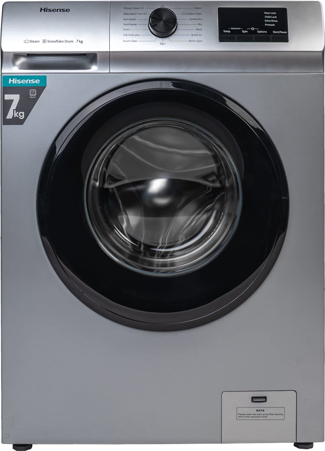 Hisense 7.0 Kg Fully-Automatic Front Loading Washing Machine (WFVB7012MS, Silver, Steam Wash, Built in Heater), Silver-1