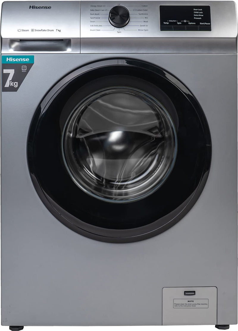 Hisense 7.0 Kg Fully-Automatic Front Loading Washing Machine (WFVB7012MS, Silver, Steam Wash, Built in Heater), Silver-1