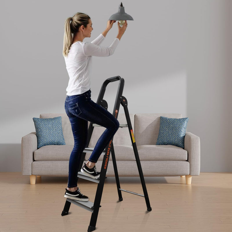 Bonkaso Climb Lite Pro 4 Steps Foldable Aluminium Ladder, upto 120kg Load Capacity, Multipurpose ladder for home & office, Anti-Skid Steps, Heavy Duty Platform, 5 Years Warranty (141h x 46w Cms) Black