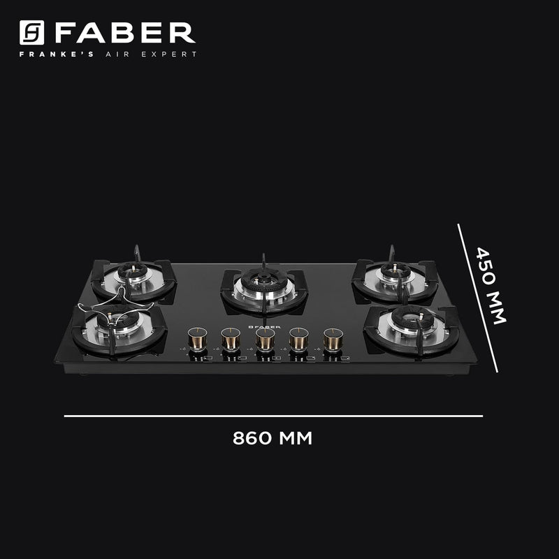 Faber Hob 90 cm 5 Burner|Auto-Ignition|Spillage Proof|Brass Burners|Metal Knobs|Pan Support|2yrs on Burner,5 Yrs Warrant