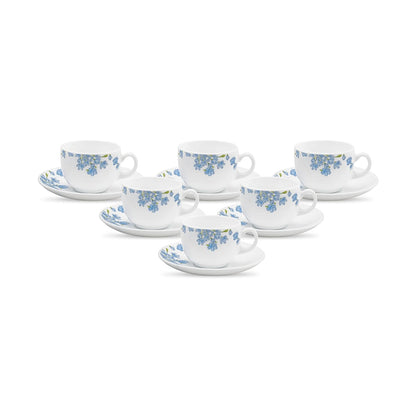 La Opala Diva, Opal Glass Crockery | Cup & Saucer Iris Regular, Set of 12 | Aster Blue, 160 ml | for Tea & Coffee | Microwave Safe | 100% Vegetarian | Extra Strong | Super Light | Super White