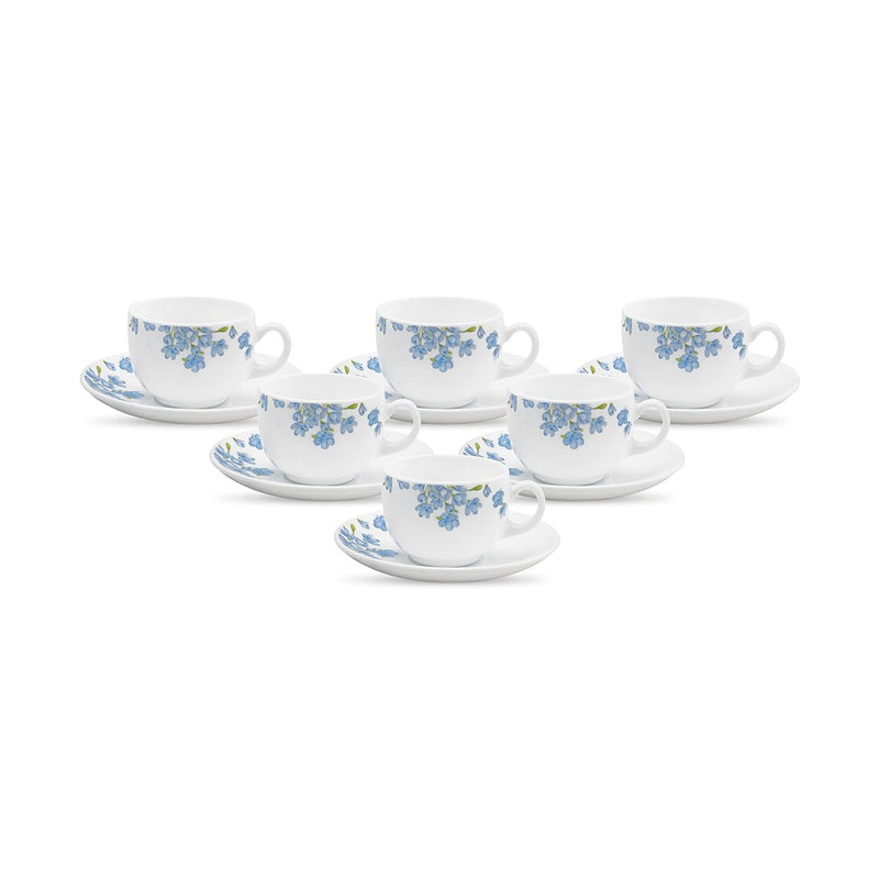 La Opala Diva, Opal Glass Crockery | Cup & Saucer Iris Regular, Set of 12 | Aster Blue, 160 ml | for Tea & Coffee | Microwave Safe | 100% Vegetarian | Extra Strong | Super Light | Super White
