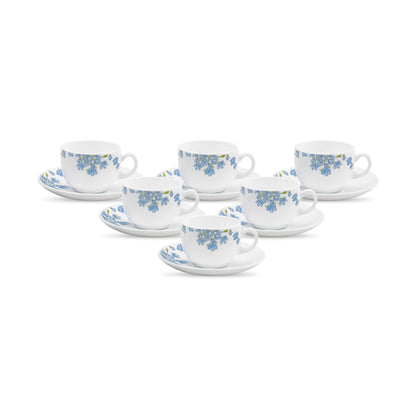 La Opala Diva, Opal Glass Crockery | Cup & Saucer Iris Regular, Set of 12 | Grace Blue, 160 ml | for Tea & Coffee | Microwave Safe | 100% Vegetarian | Extra Strong | Super Light | Super White