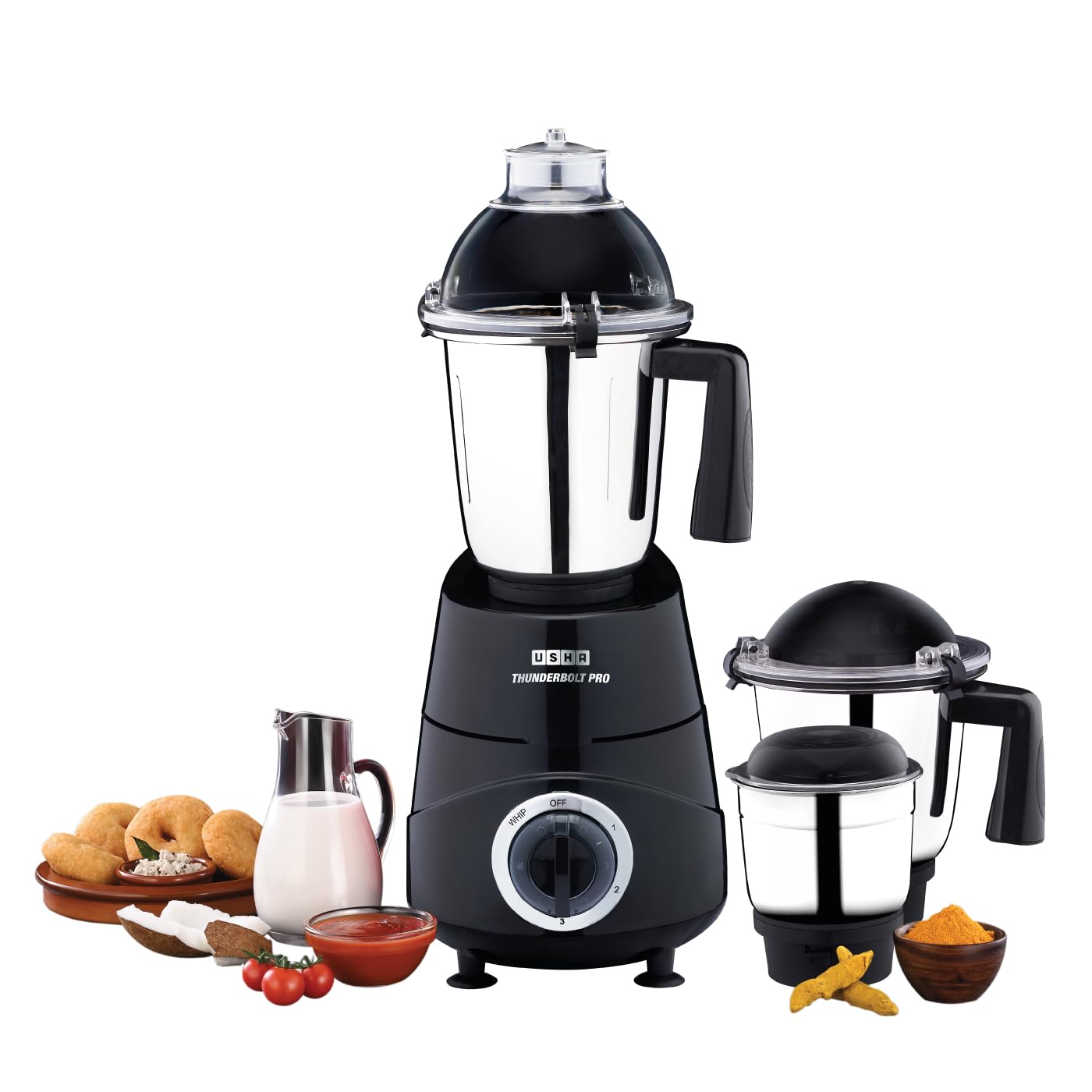 USHA Thunderbolt Pro 1000W with 3 Jars, 100% Copper Ball-Bearing Motor, Handsfree operation, 3 Jars, 3-Speed Setting with Inching option, 5 Years Warranty on Motor (Black)