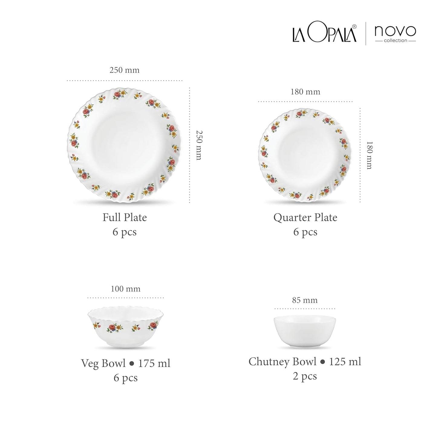 La Opala Novo Collection Opal Glass Crockery | for Family of 6 | Dinner Set 20 pcs Petite Roses | Plates & Bowls for Dining | Microwave Safe | 100% Vegetarian | Extra Strong | Light & White