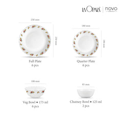 La Opala Novo Collection Opal Glass Crockery | for Family of 6 | Dinner Set 20 pcs Petite Roses | Plates & Bowls for Dining | Microwave Safe | 100% Vegetarian | Extra Strong | Light & White