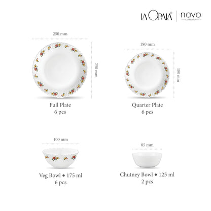 La Opala Novo Collection Opal Glass Crockery | for Family of 6 | Dinner Set 20 pcs Petite Roses | Plates & Bowls for Dining | Microwave Safe | 100% Vegetarian | Extra Strong | Light & White