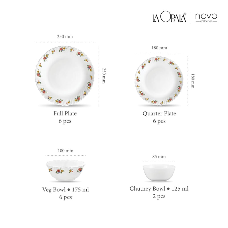La Opala Novo Collection Opal Glass Crockery | for Family of 6 | Dinner Set 20 pcs Petite Roses | Plates & Bowls for Dining | Microwave Safe | 100% Vegetarian | Extra Strong | Light & White