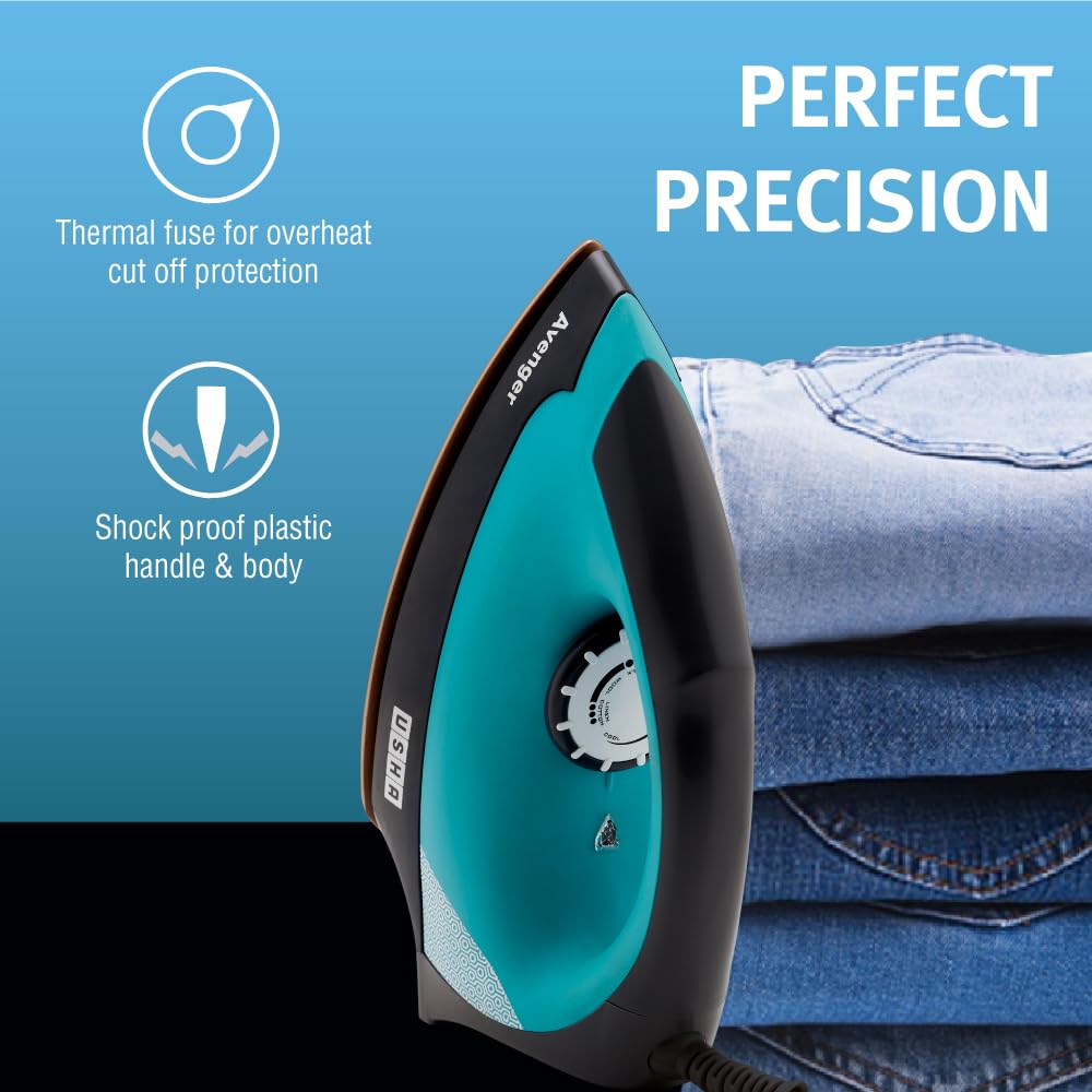 USHA Avenger 1.5 KG Heavy Weight Dry Iron| 1100W| Non-stick Coated Sole Plate For Easy Gliding & Long Life| 1.8 m Long Cord| Dual Layer Safety | 2 Year Warranty