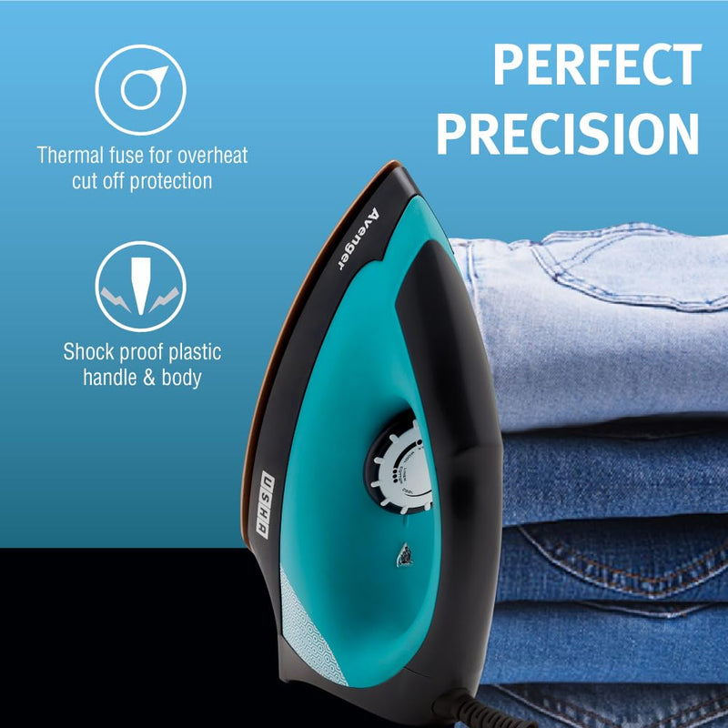 USHA Avenger 1.5 KG Heavy Weight Dry Iron| 1100W| Non-stick Coated Sole Plate For Easy Gliding & Long Life| 1.8 m Long Cord| Dual Layer Safety | 2 Year Warranty