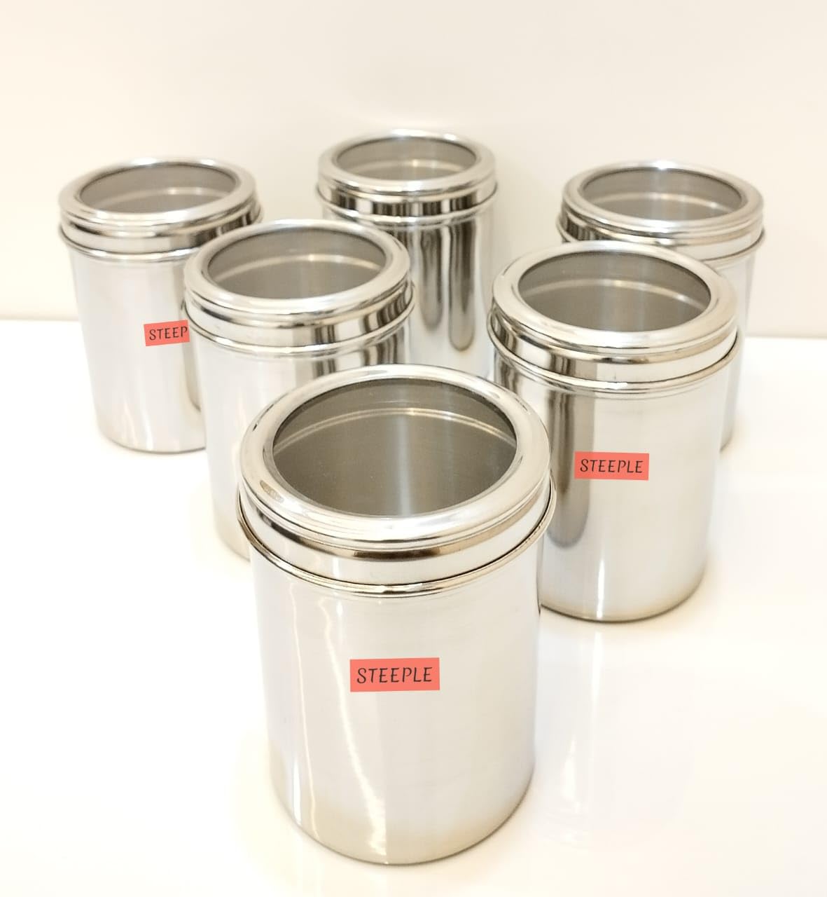 STEEPLE 1 Litre Stainless Steel Containers for kitchen with See Through Lid | Ubha Dabba | Vertical Canisters, Silver Pack Of 6