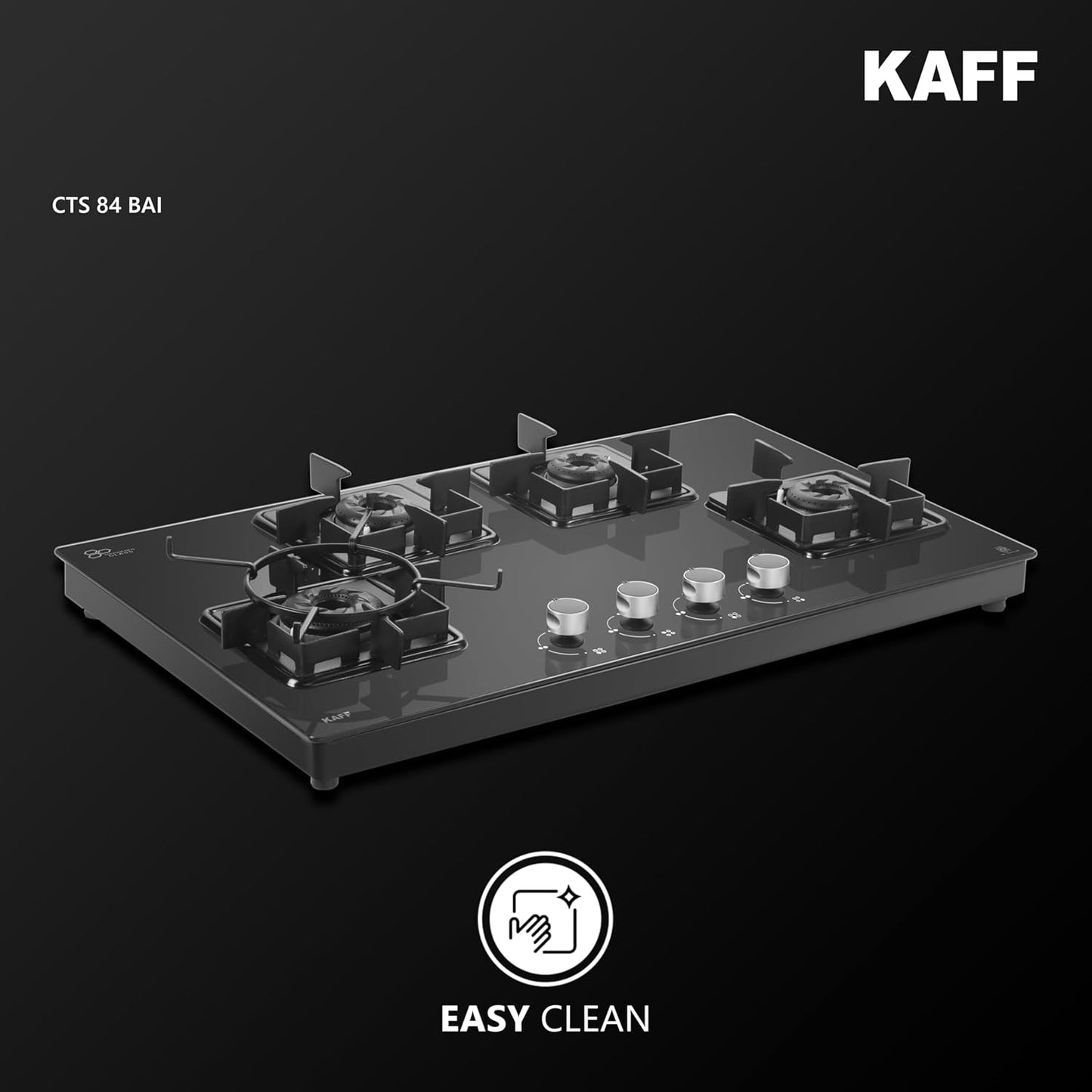 KAFF CTS 84 4B AI Gas Stove/Cooktop 4 Burners with Auto Electric Ignition 84 CM, Black Coated Brass Burners, Slim Line Design, Enamelled Pan Support with Integrated Flame Protector (Black)