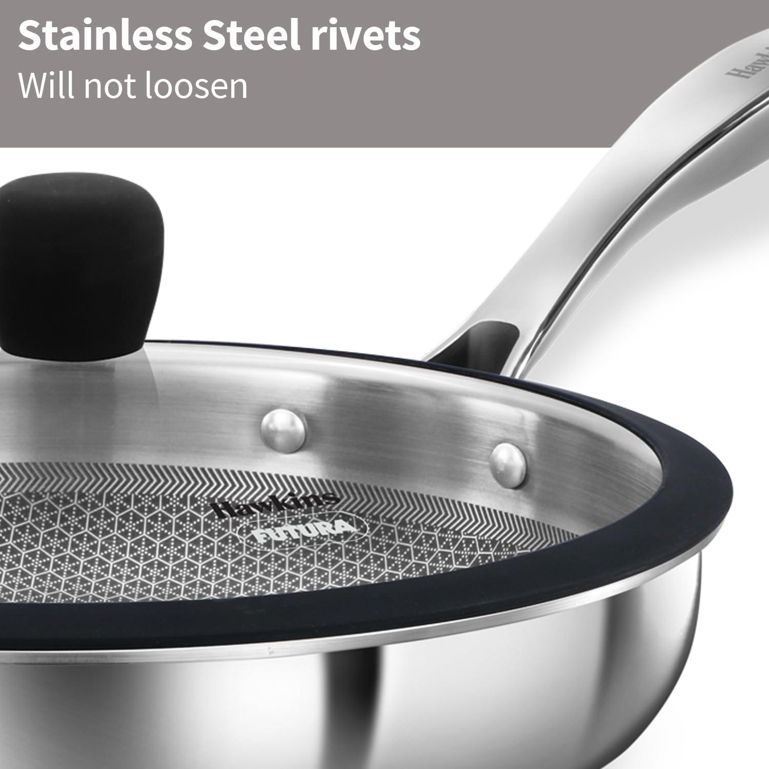Hawkins Pro 26 cm Shielded Nonstick Triply Frying Pan, Fry Pan with Stainless Steel Handle and Glass Lid, Silver (PSNF26G)