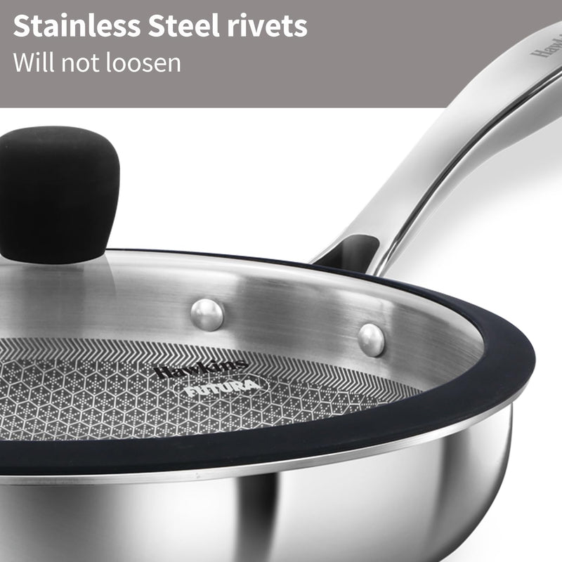 Hawkins Pro 26 cm Shielded Nonstick Triply Frying Pan, Fry Pan with Stainless Steel Handle and Glass Lid, Silver (PSNF26G)