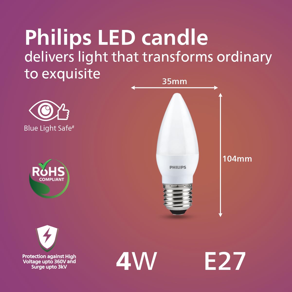 Philips 4W LED Frosted Candle Bulb (Pack of 2) (White, B086GWSXSP)