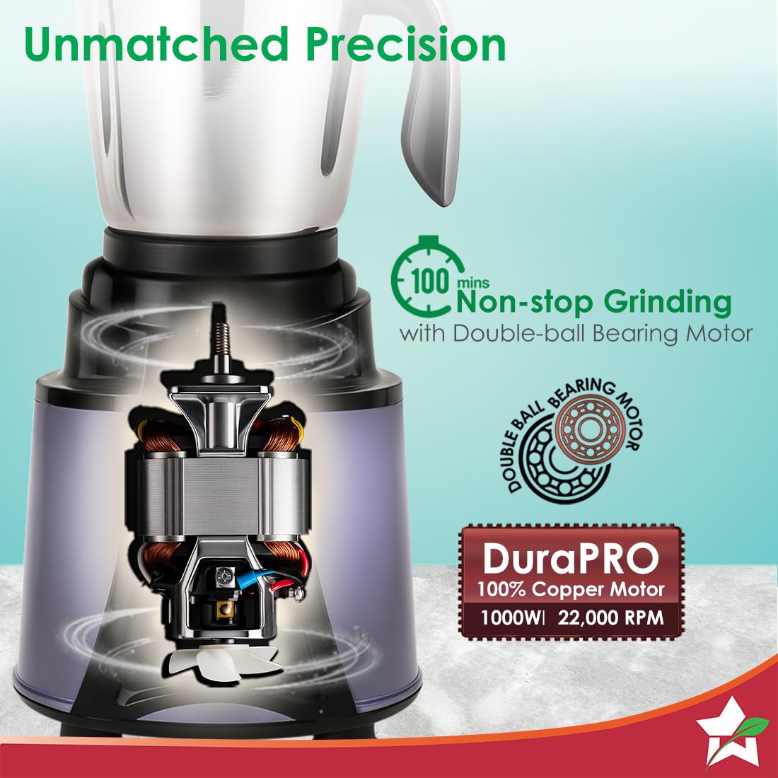 Wonderchef Galaxy Mixer Grinder 1000 W 100% Copper Motor, 4 Stainless Steel Jars, Black & Grey, 5 Years Warranty