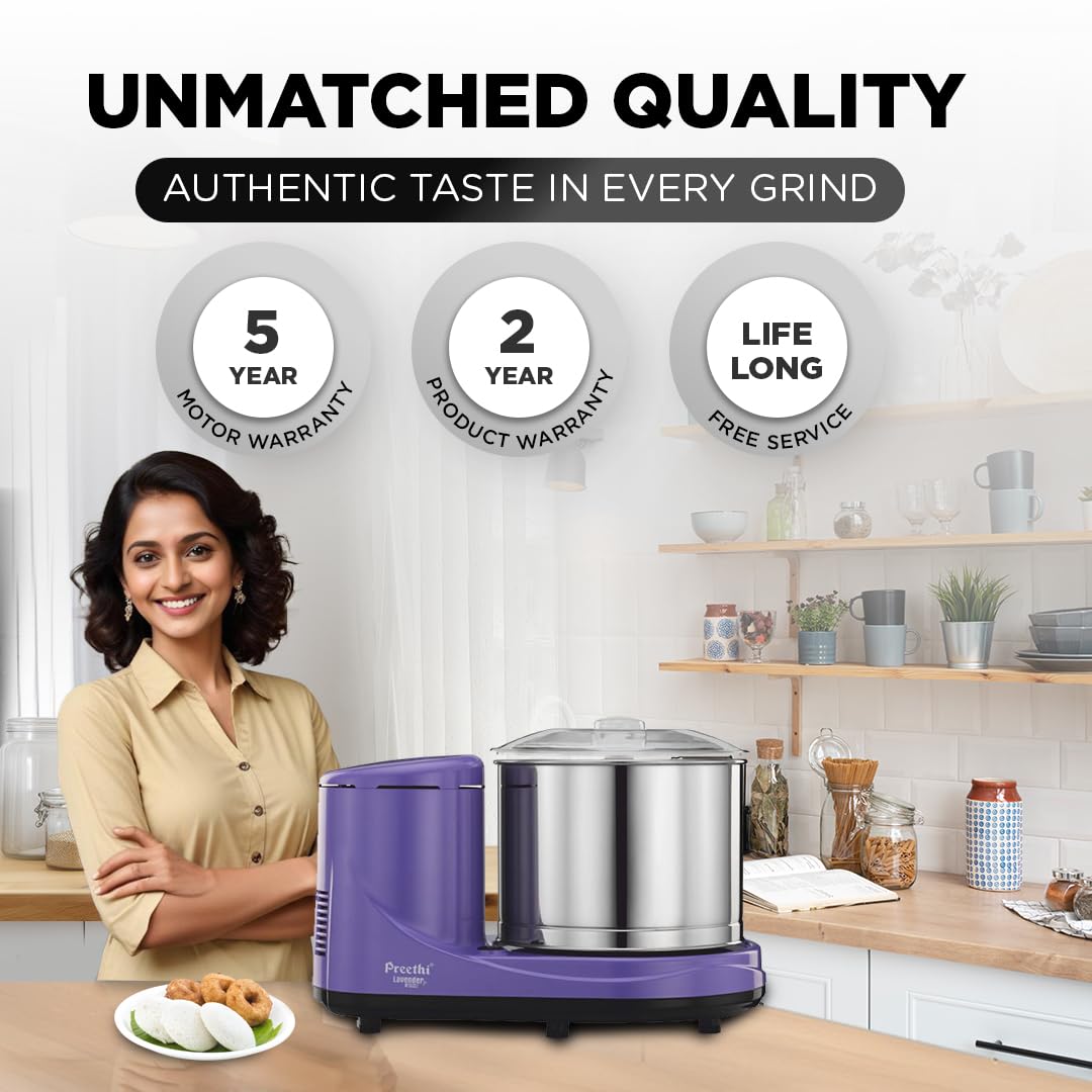 Preethi Wet Grinder|150W 2L Stainless Steel Table Top Wet Grinder|Ideal for Making South Indian Batter in Your Kitchen (Lavender)