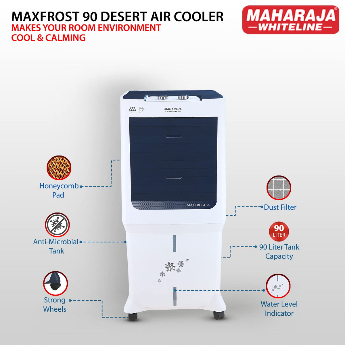 Maharaja Whiteline MAXFROST 90 Desert Air Cooler with 90 ltr Large Tank Capacity, 200W (White & Navy Blue)