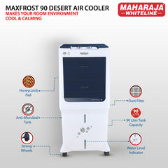 Maharaja Whiteline MAXFROST 90 Desert Air Cooler with 90 ltr Large Tank Capacity, 200W (White & Navy Blue)
