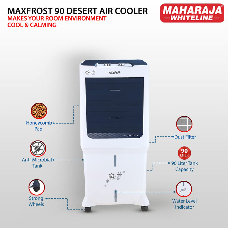 Maharaja Whiteline MAXFROST 90 Desert Air Cooler with 90 ltr Large Tank Capacity, 200W (White & Navy Blue)