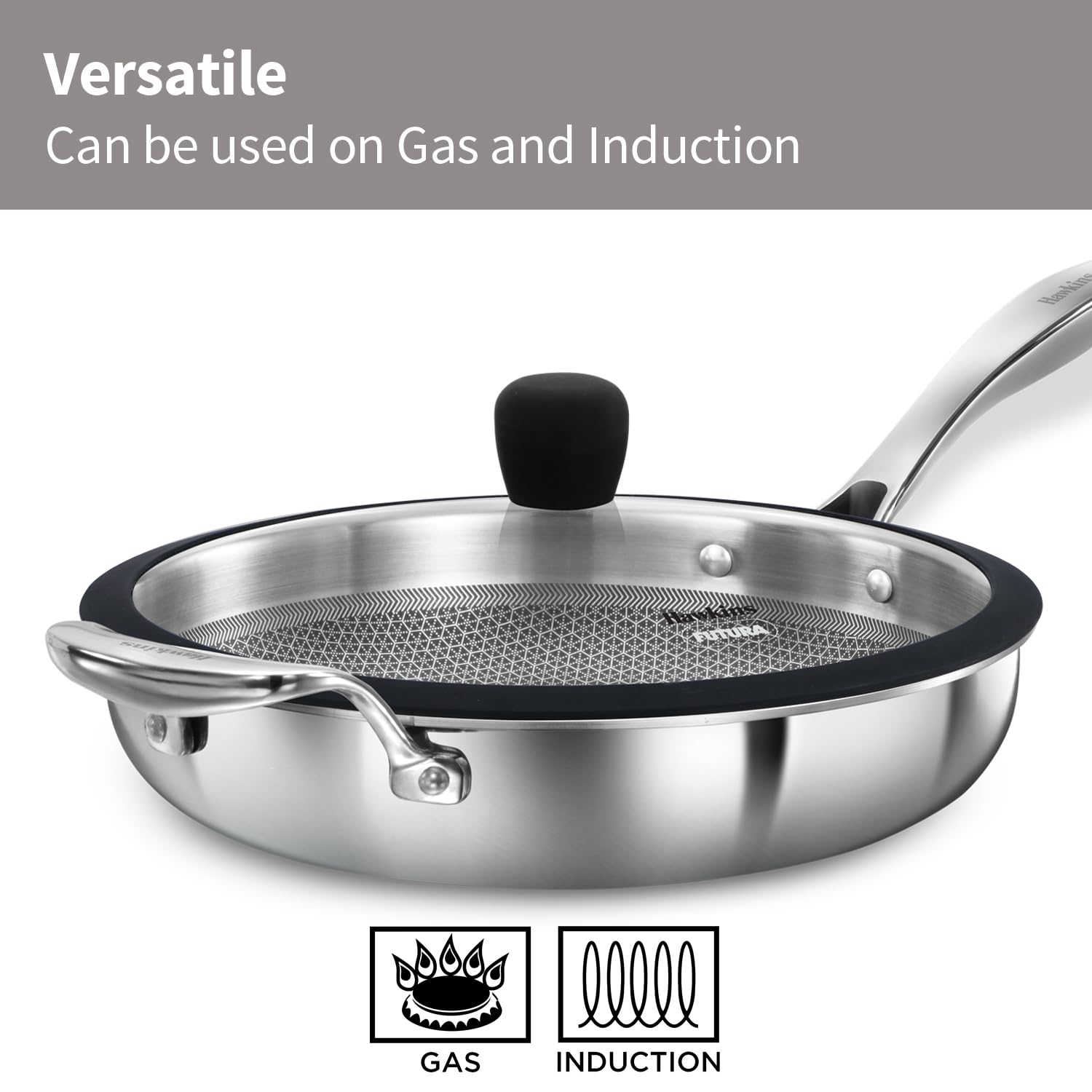 Hawkins Pro 26 cm Shielded Nonstick Triply Frying Pan, Fry Pan with Stainless Steel Handle and Glass Lid, Silver (PSNF26G)