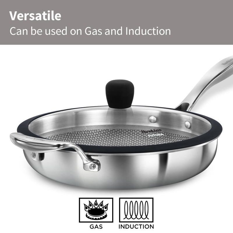 Hawkins Pro 26 cm Shielded Nonstick Triply Frying Pan, Fry Pan with Stainless Steel Handle and Glass Lid, Silver (PSNF26G)