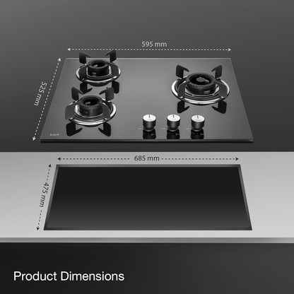 KAFF 3 Burners Built-in Hob/Hobtop For Modular kitchen -8 MM|Auto Electric Ignition Glass Top| Tornado Style Burner, Enamelled Matt Finish, Easy Grip Knobs, Toughened Glass (Black,60CM)